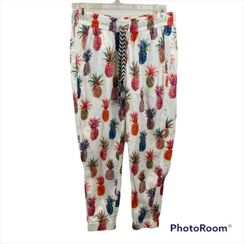 WOMEN'S J CREW SEASIDE PULL ON PANTS IN‎ WHITE RATTI PAINTED PINEAPPLES Size 0